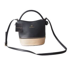 Nanette Lepore Reese‎ Bucket Rattan Bottom Vegan Leather Bag Purse Black / Gold